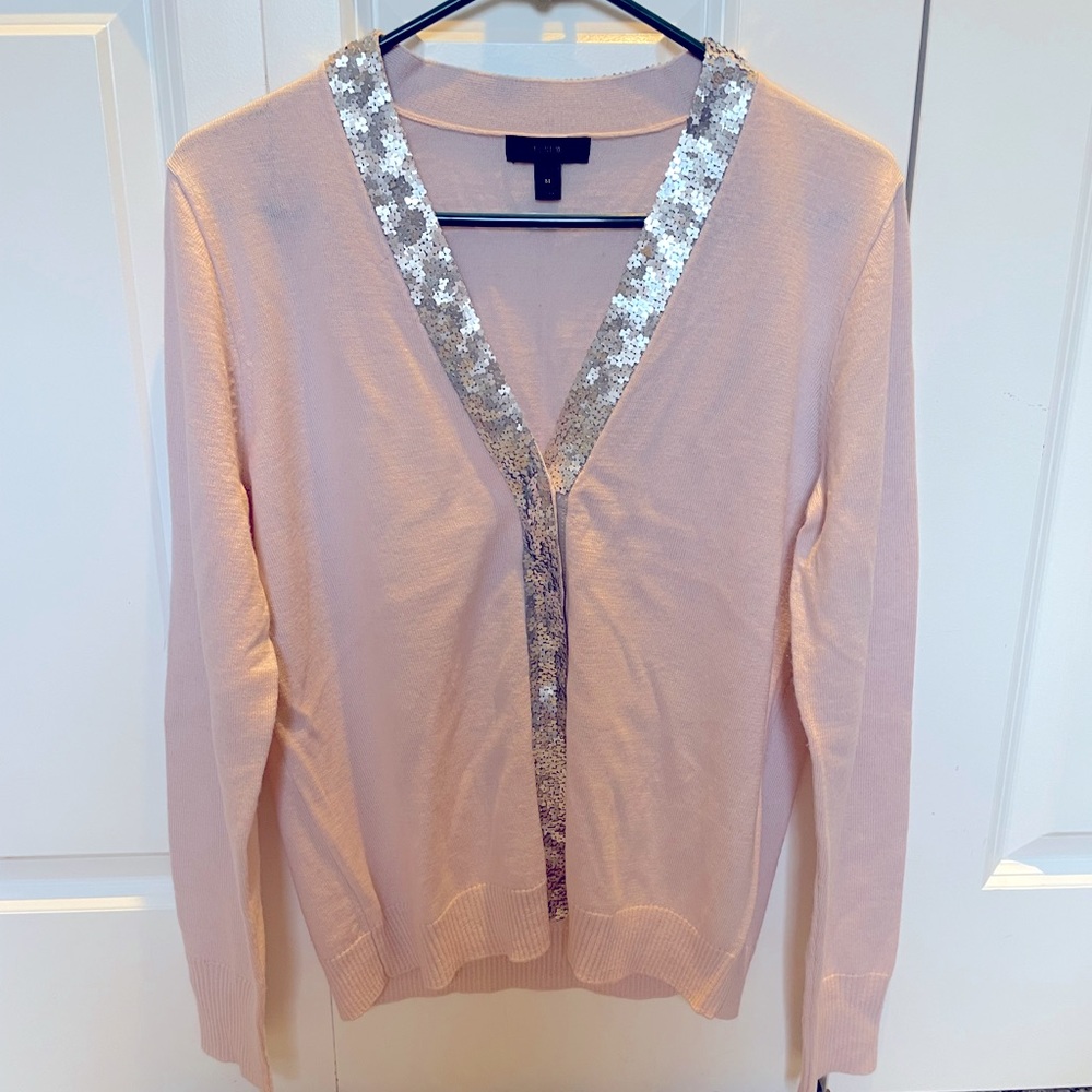 J. Crew pink merino cardigan with silver sequin trim. Size M.